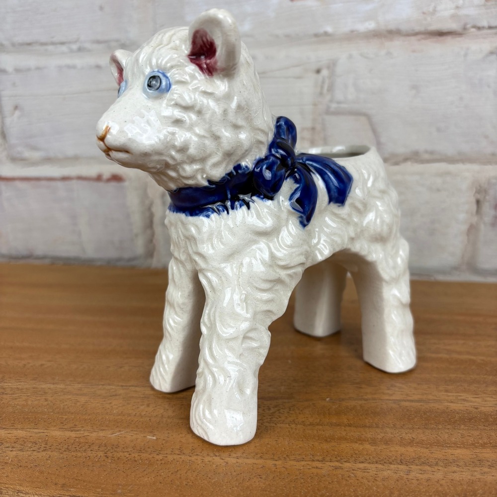 Vintage Occupied Japan Lamb Planter Blue‎ Bow Nursery Figurine Cottagecore Decor